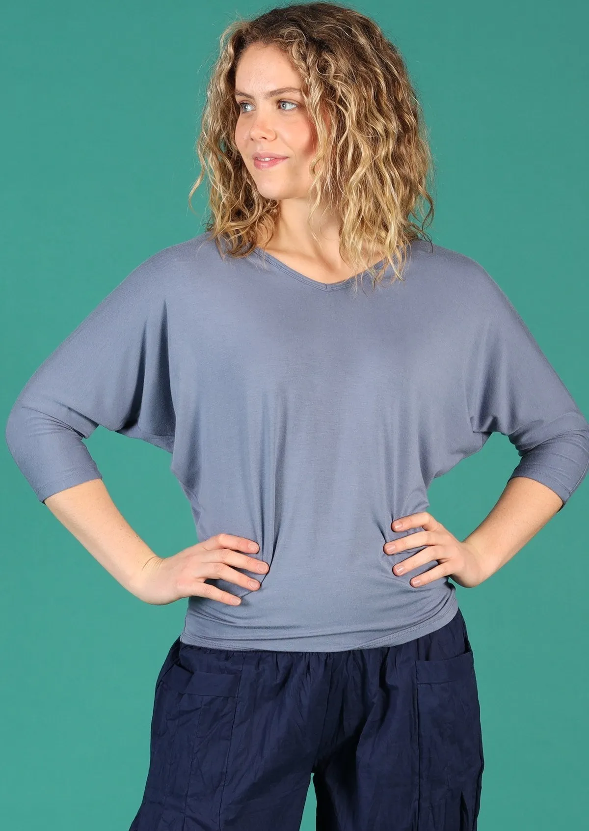 3/4 Sleeve V-neck Batwing Top Sky Grey