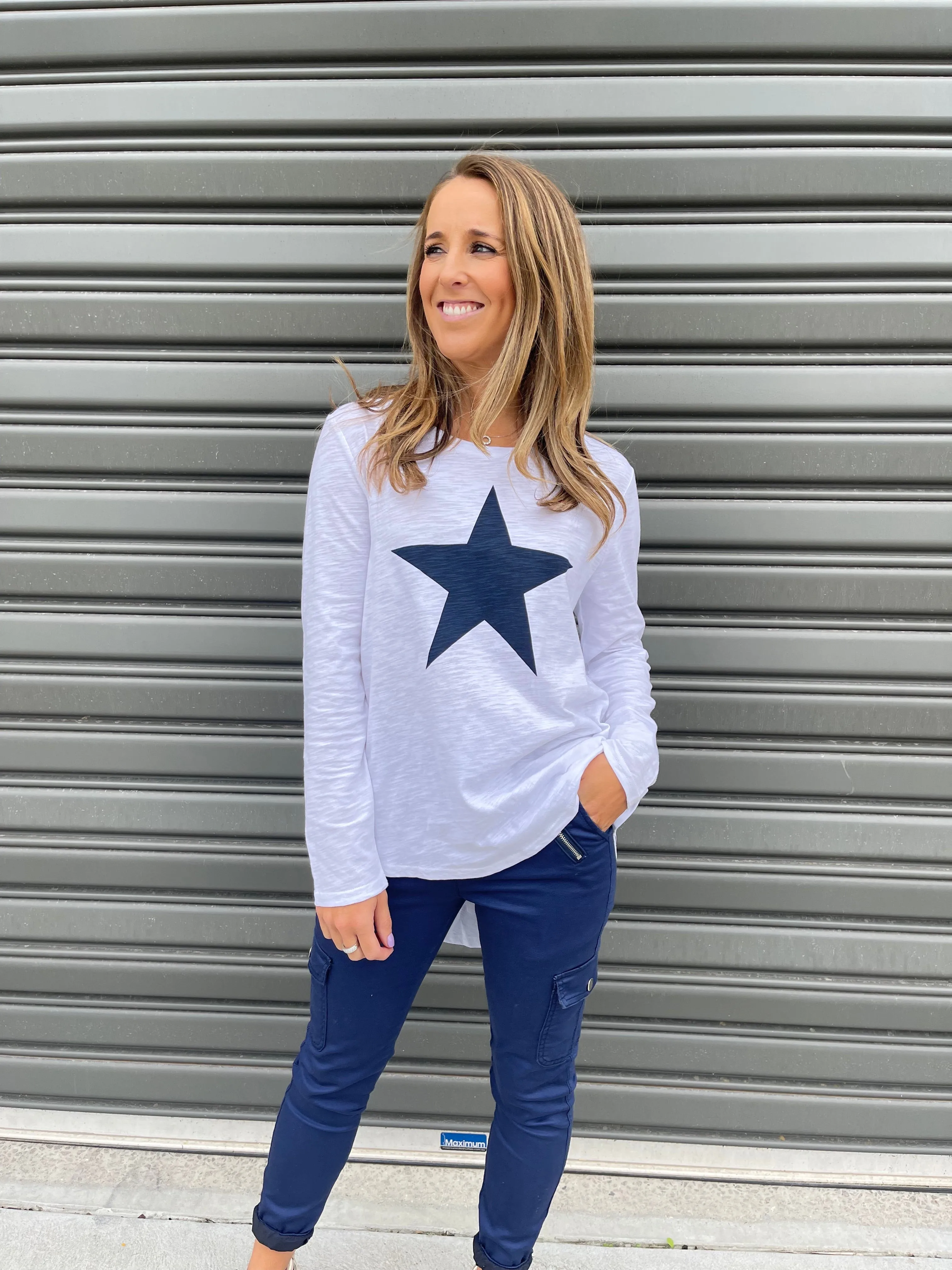 Adriana Long Sleeve Printed Tee - White/ Navy Star