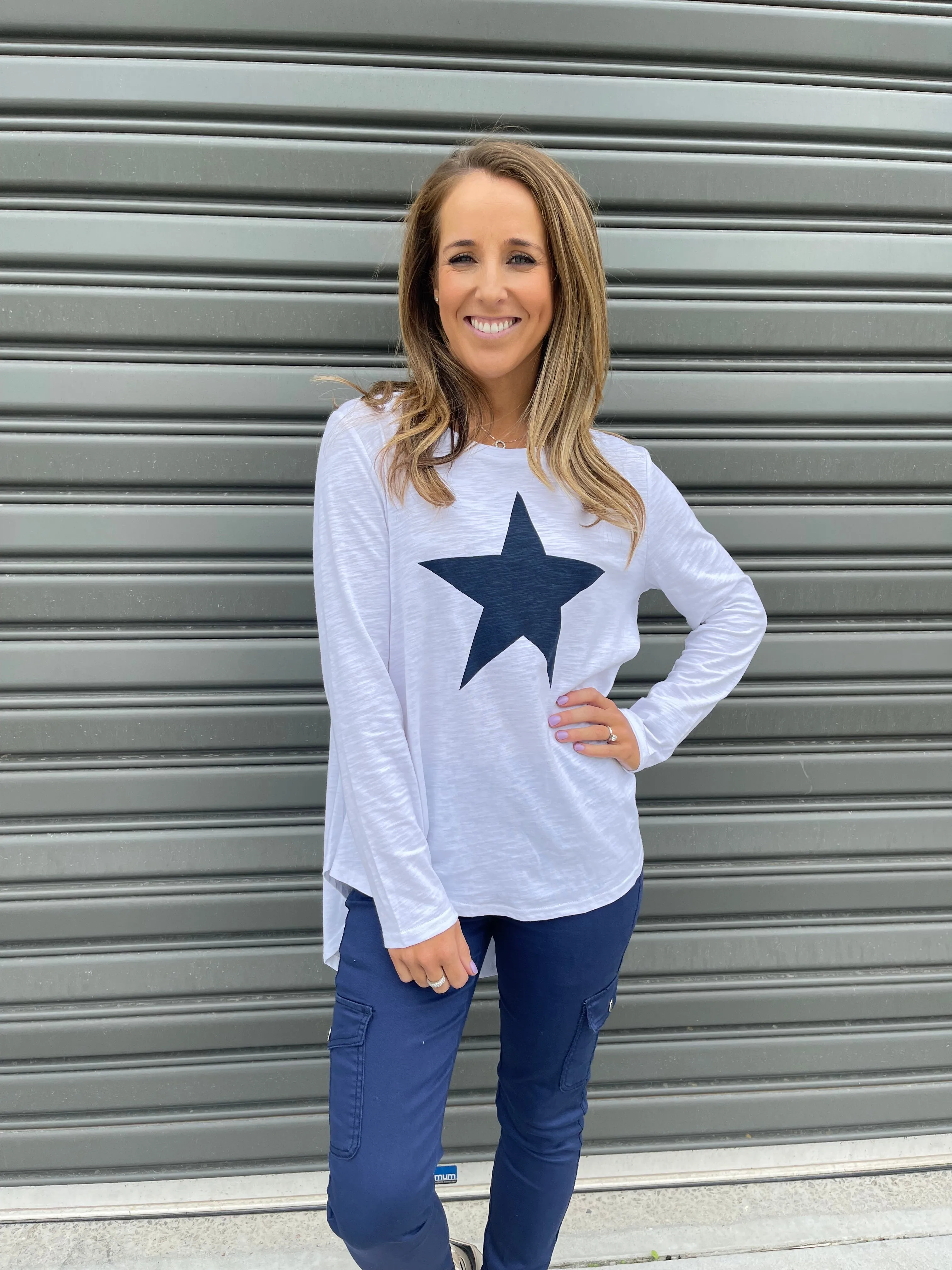 Adriana Long Sleeve Printed Tee - White/ Navy Star