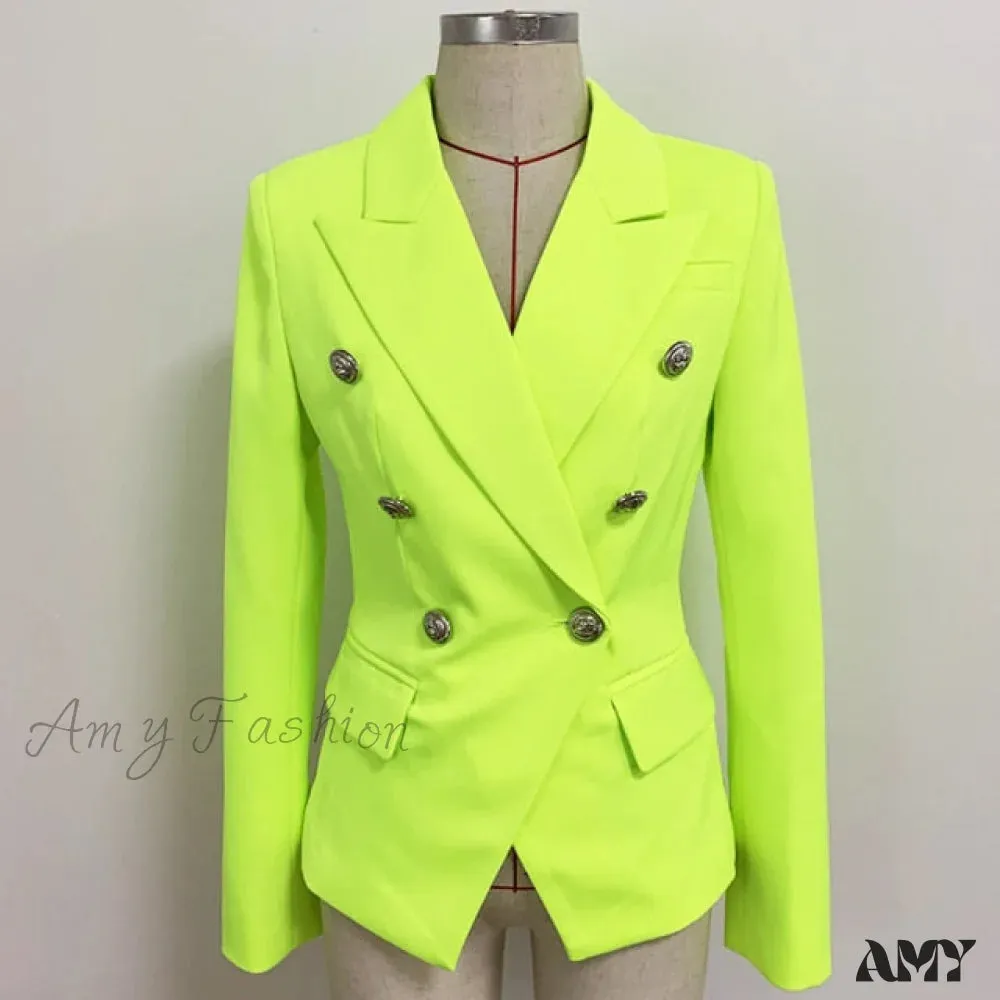 Amy Fashion - Classic Double Breasted Metal Lion Buttons Blazer