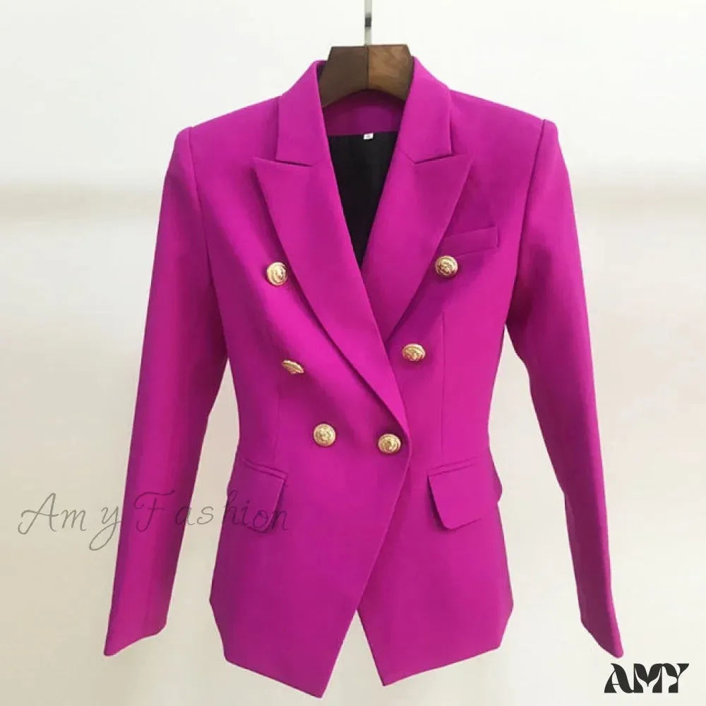 Amy Fashion - Classic Double Breasted Metal Lion Buttons Blazer