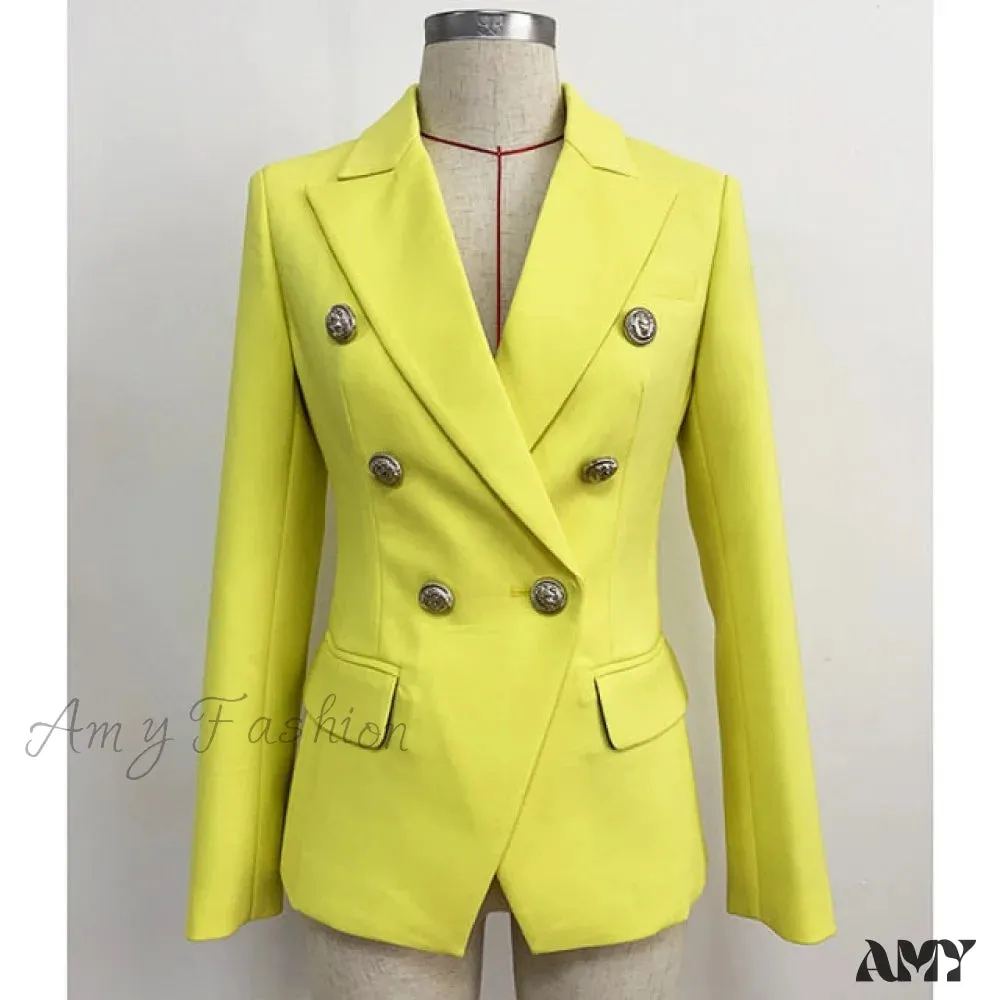 Amy Fashion - Classic Double Breasted Metal Lion Buttons Blazer