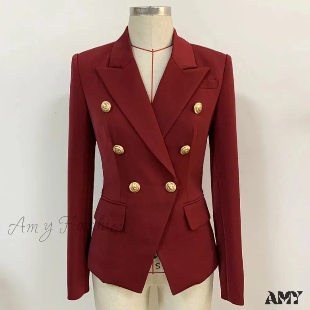 Amy Fashion - Classic Double Breasted Metal Lion Buttons Blazer