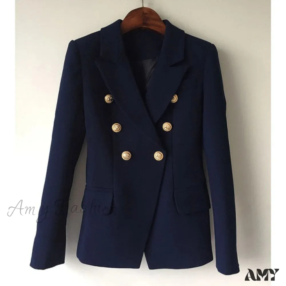 Amy Fashion - Classic Double Breasted Metal Lion Buttons Blazer