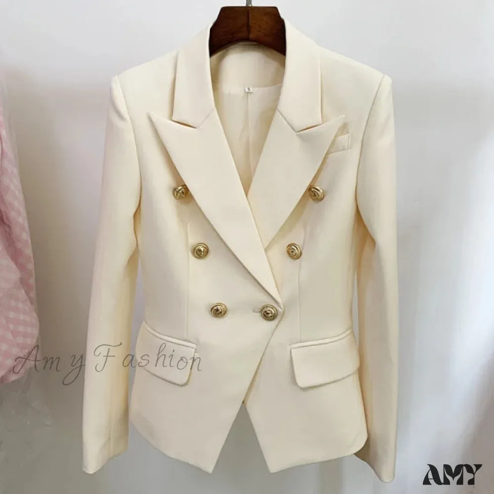 Amy Fashion - Classic Double Breasted Metal Lion Buttons Blazer