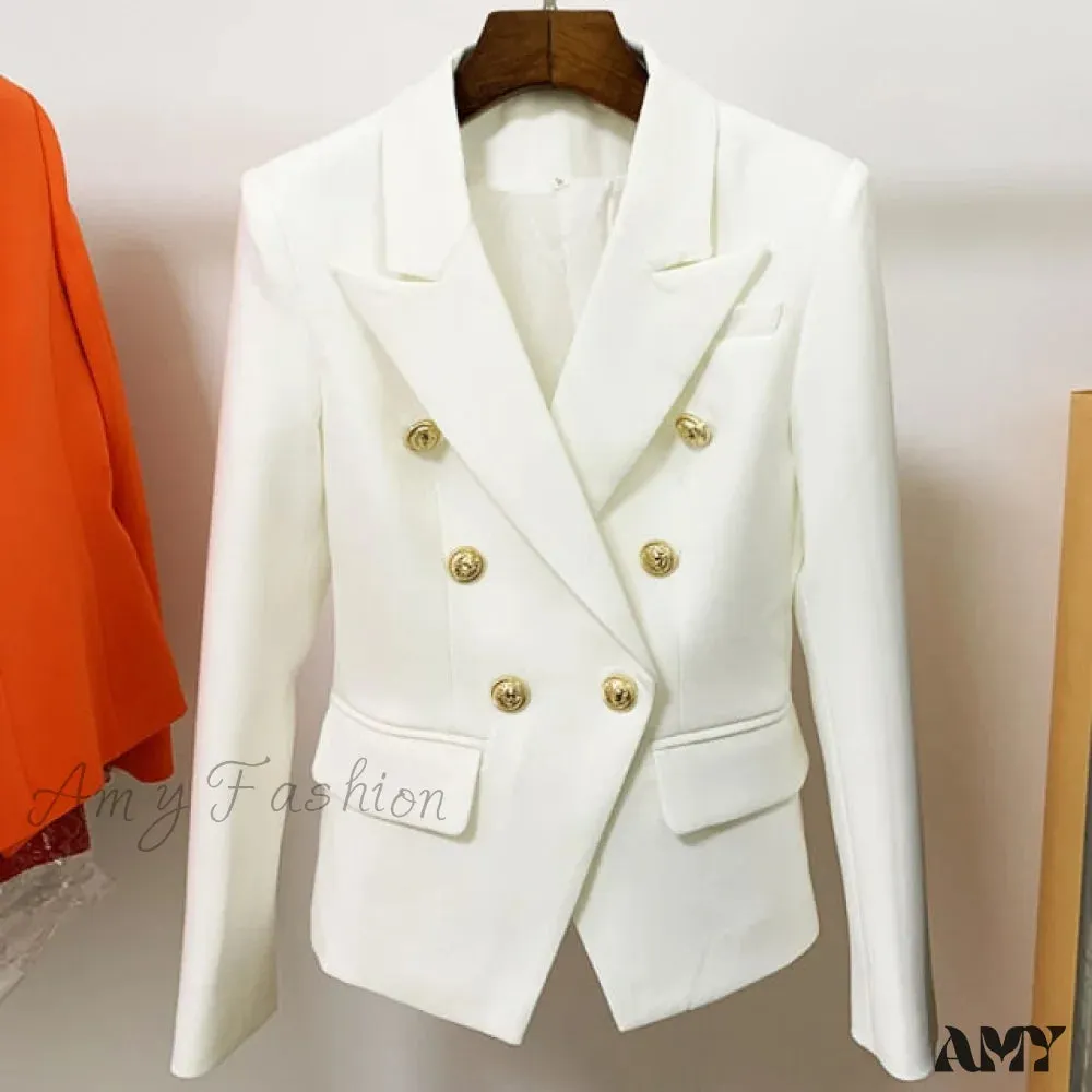 Amy Fashion - Classic Double Breasted Metal Lion Buttons Blazer