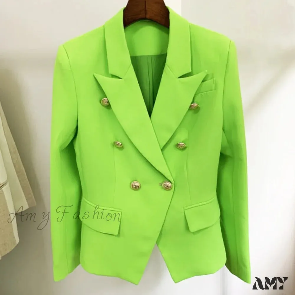 Amy Fashion - Classic Double Breasted Metal Lion Buttons Blazer