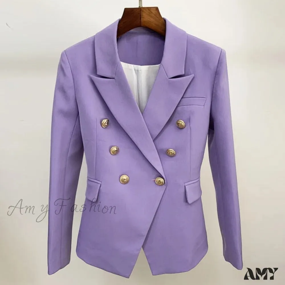 Amy Fashion - Classic Double Breasted Metal Lion Buttons Blazer