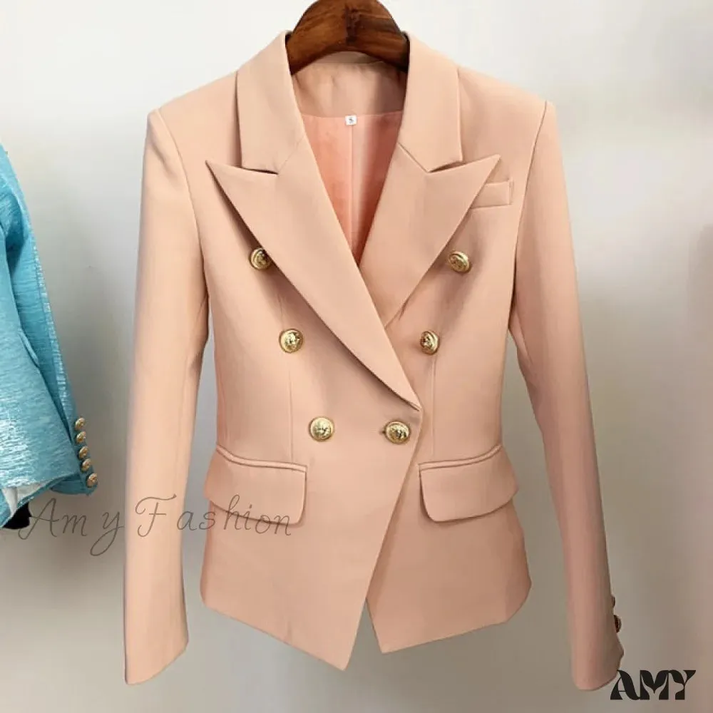 Amy Fashion - Classic Double Breasted Metal Lion Buttons Blazer