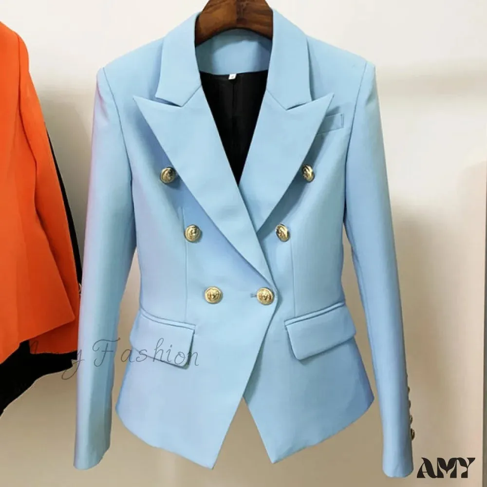 Amy Fashion - Classic Double Breasted Metal Lion Buttons Blazer