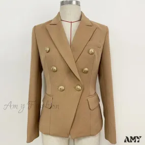 Amy Fashion - Lion Buttons Double Breasted Pique Blazer