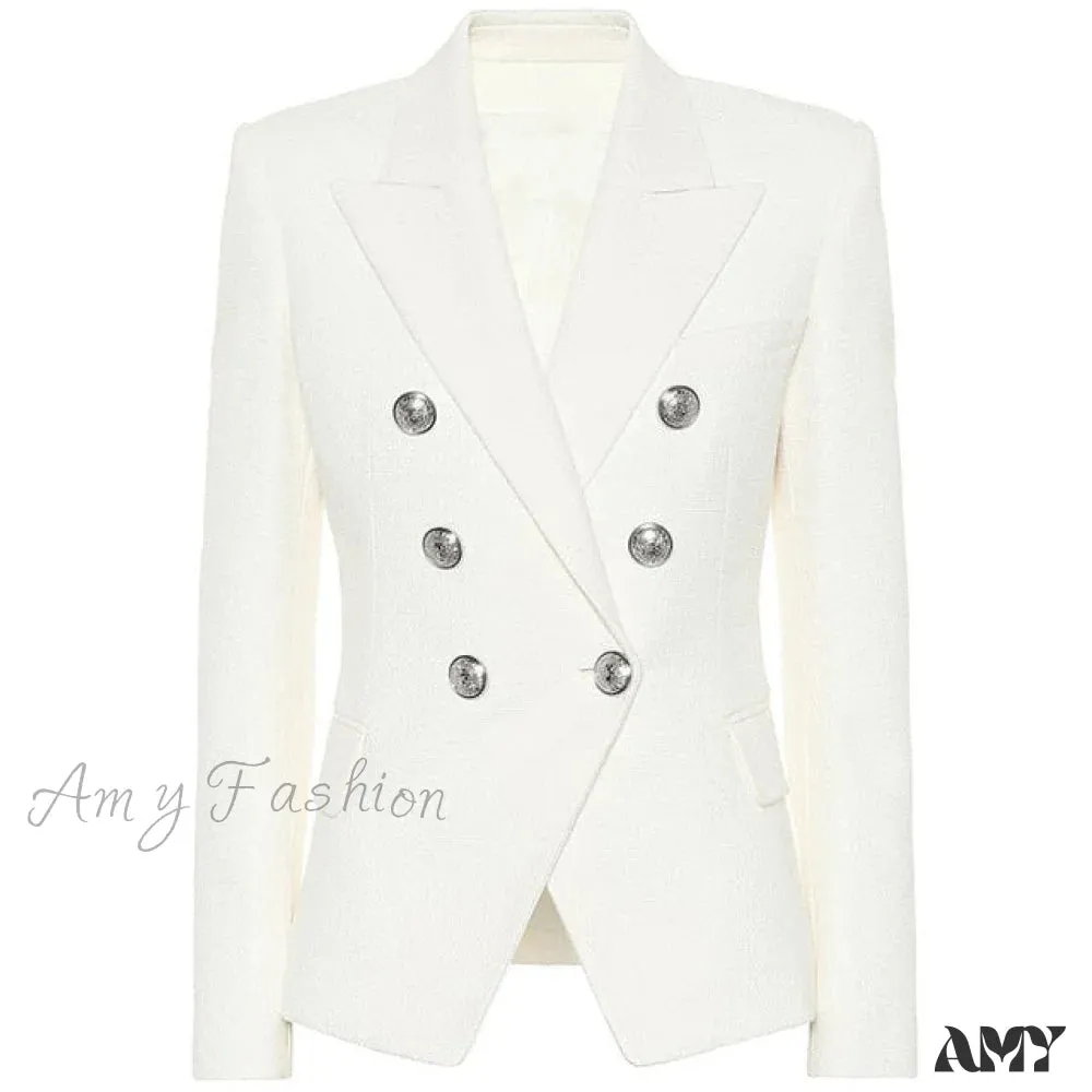 Amy Fashion - Lion Buttons Double Breasted Pique Blazer