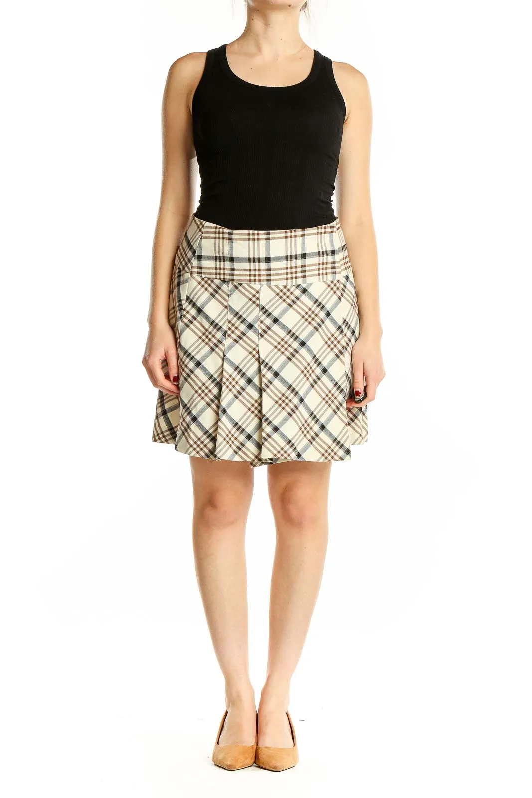 Beige Plaid Pleated Mini Skirt