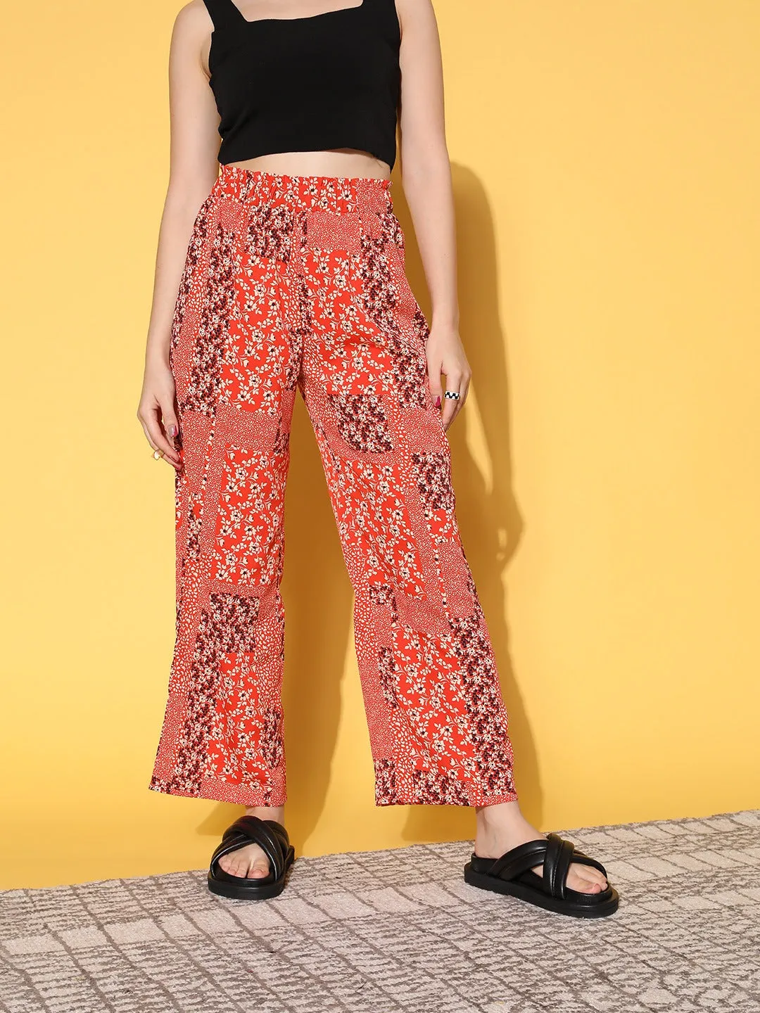 Berrylush Women Red Floral Printed High-Rise Elastic Waist Pleated Trousers