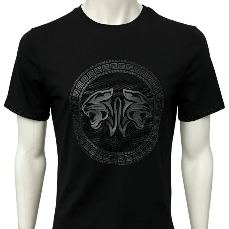 Black Leather Men's Graphic Tees With Greek Key 100% Cotton