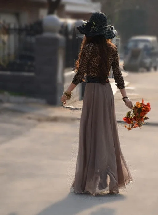 Bohemian Flared Pleated Pure Color Slim Floor Maxi Skirt