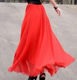 Bohemian Flared Pleated Pure Color Slim Floor Maxi Skirt