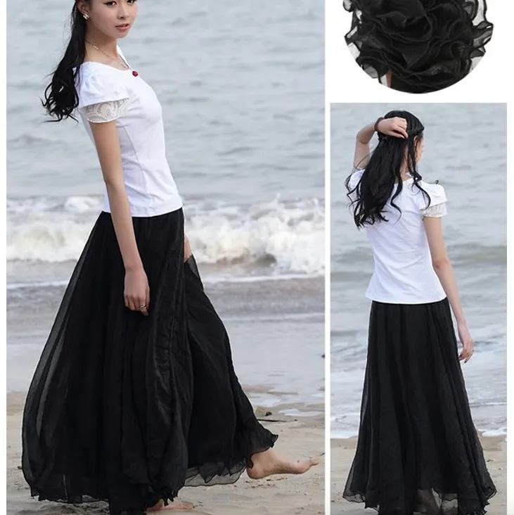 Bohemian Flared Pleated Pure Color Slim Floor Maxi Skirt