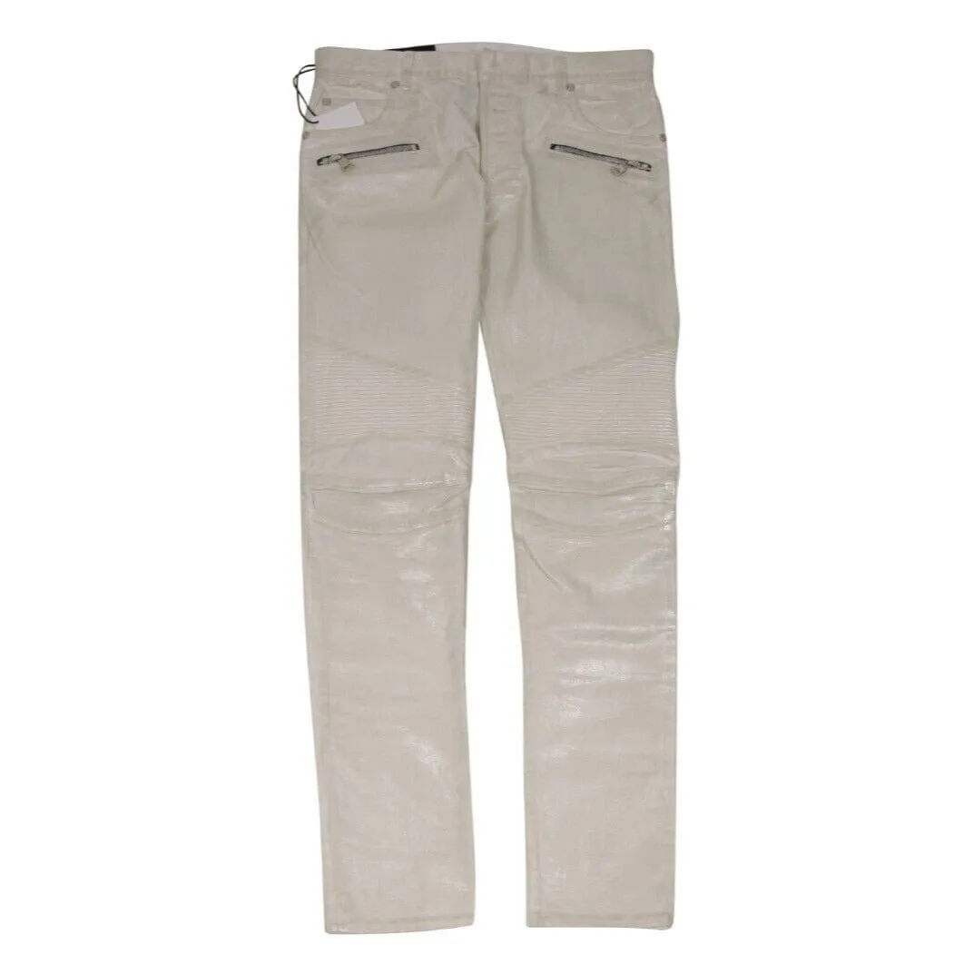 Classic Biker Jeans Slim White Waxed Ribbed Stretch Denim