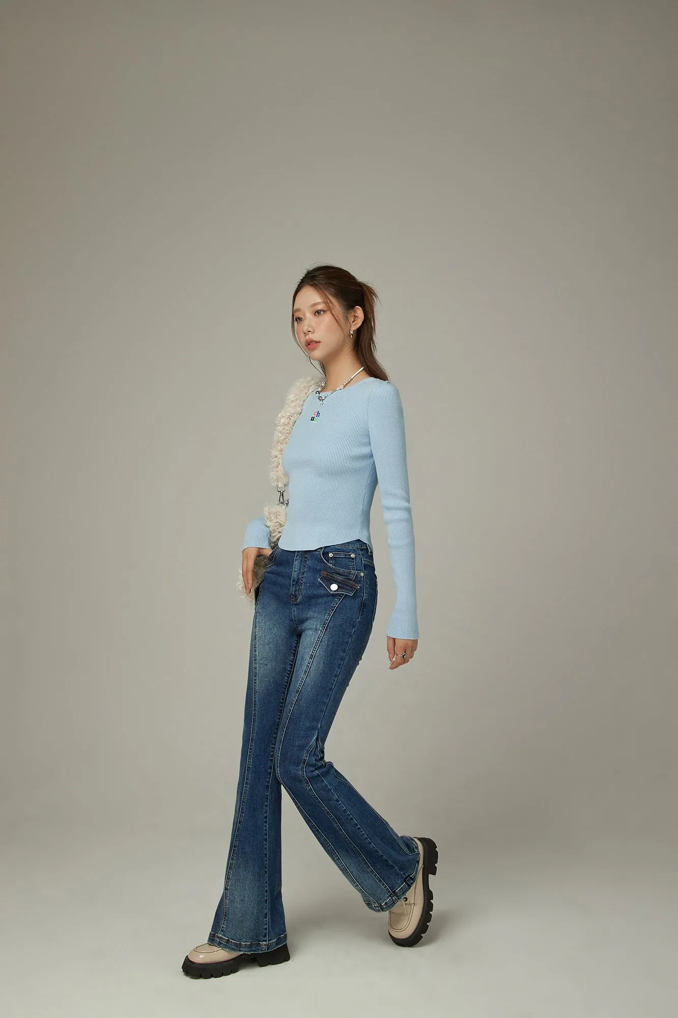 Color Ribbed Slim Knit Top