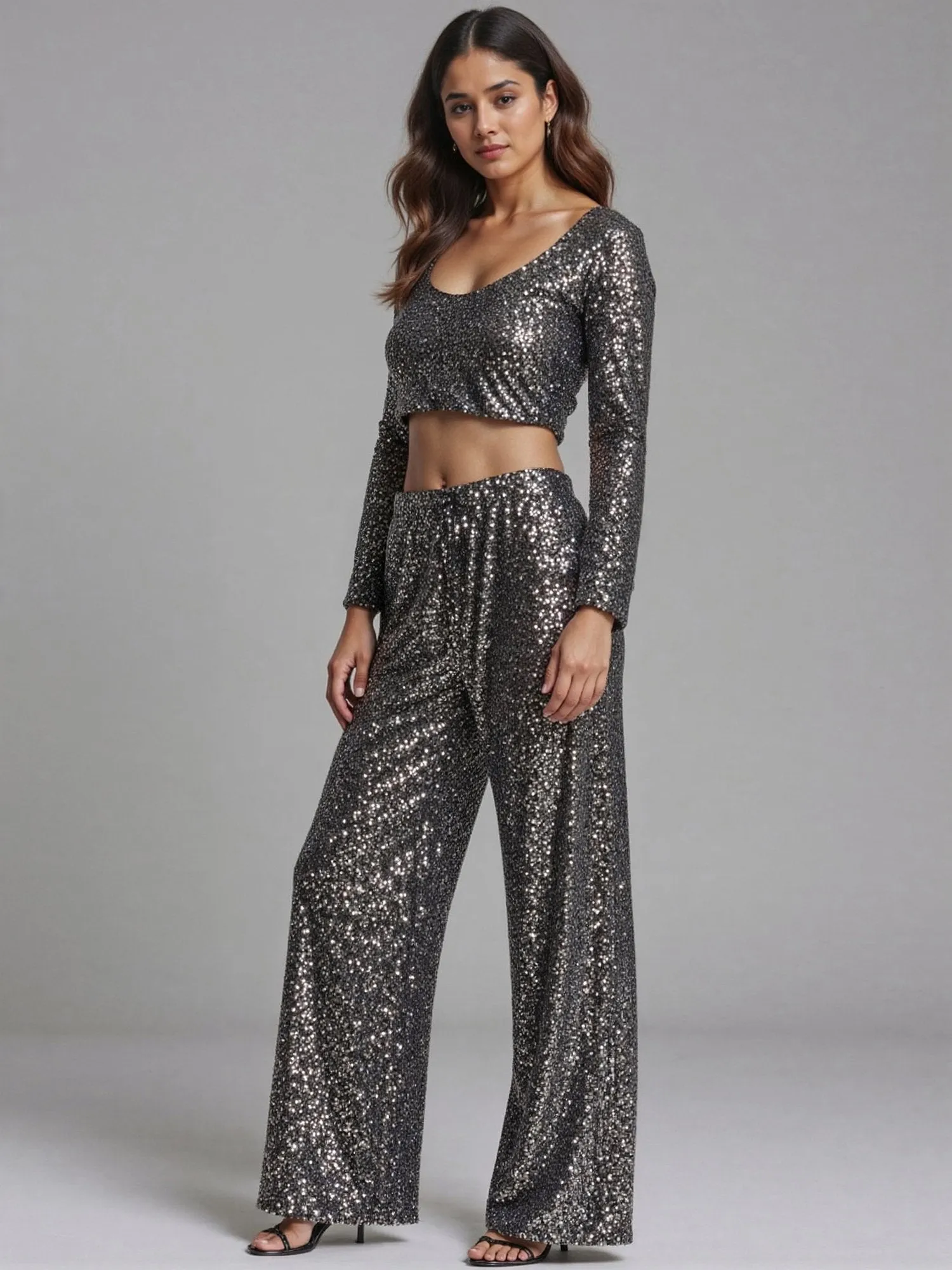 Cropped Metallic Sequin Long Sleeve Top