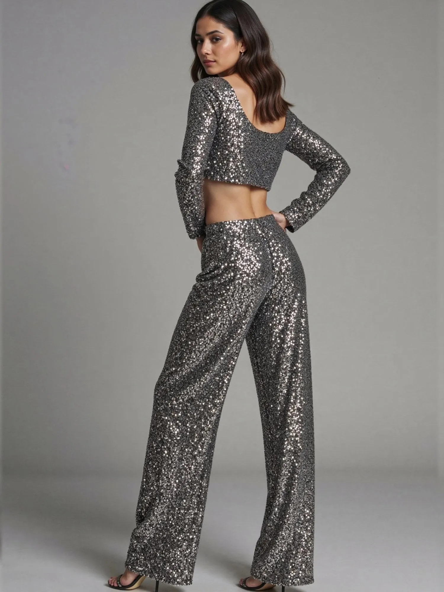 Cropped Metallic Sequin Long Sleeve Top