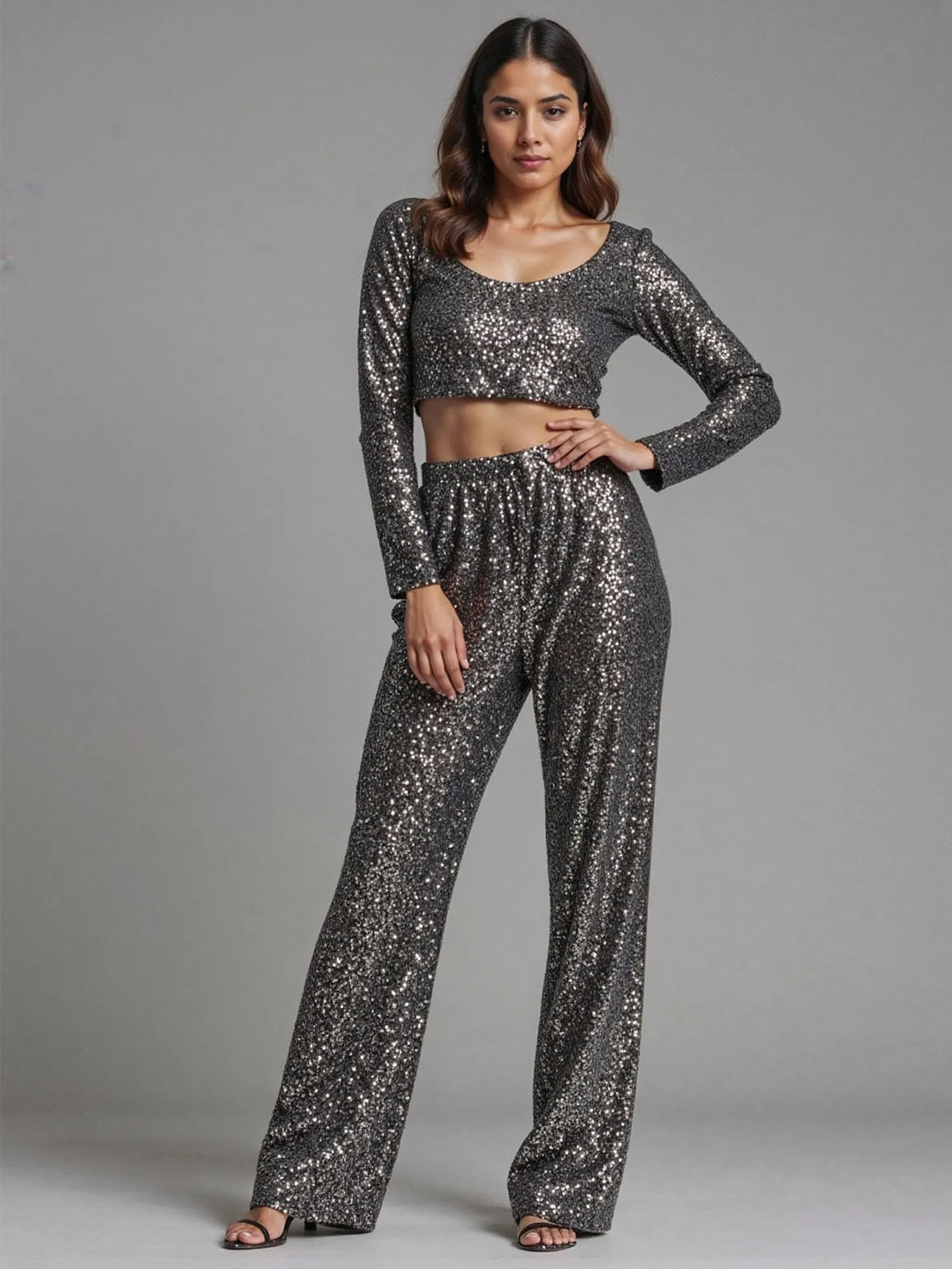 Cropped Metallic Sequin Long Sleeve Top