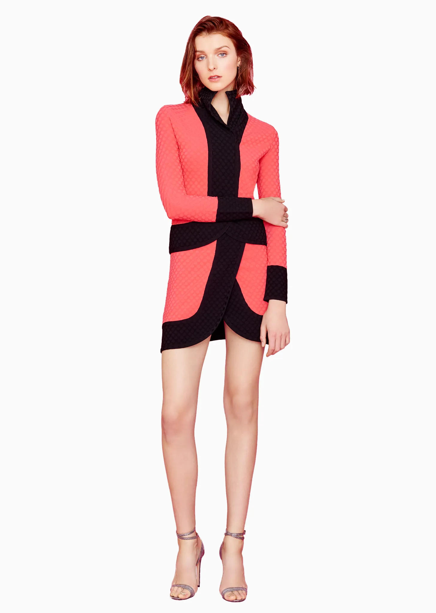 Felicity - Hip Length, Embossed Polka Dot, Coral Lightweight Jacket