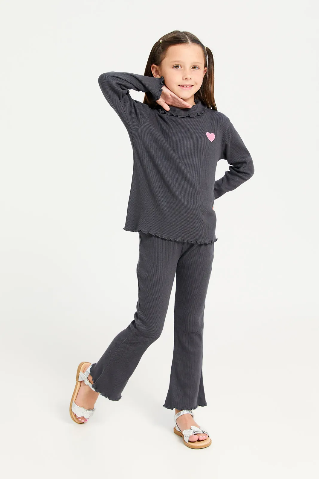 Girls Charcoal Ribbed T-Shirt