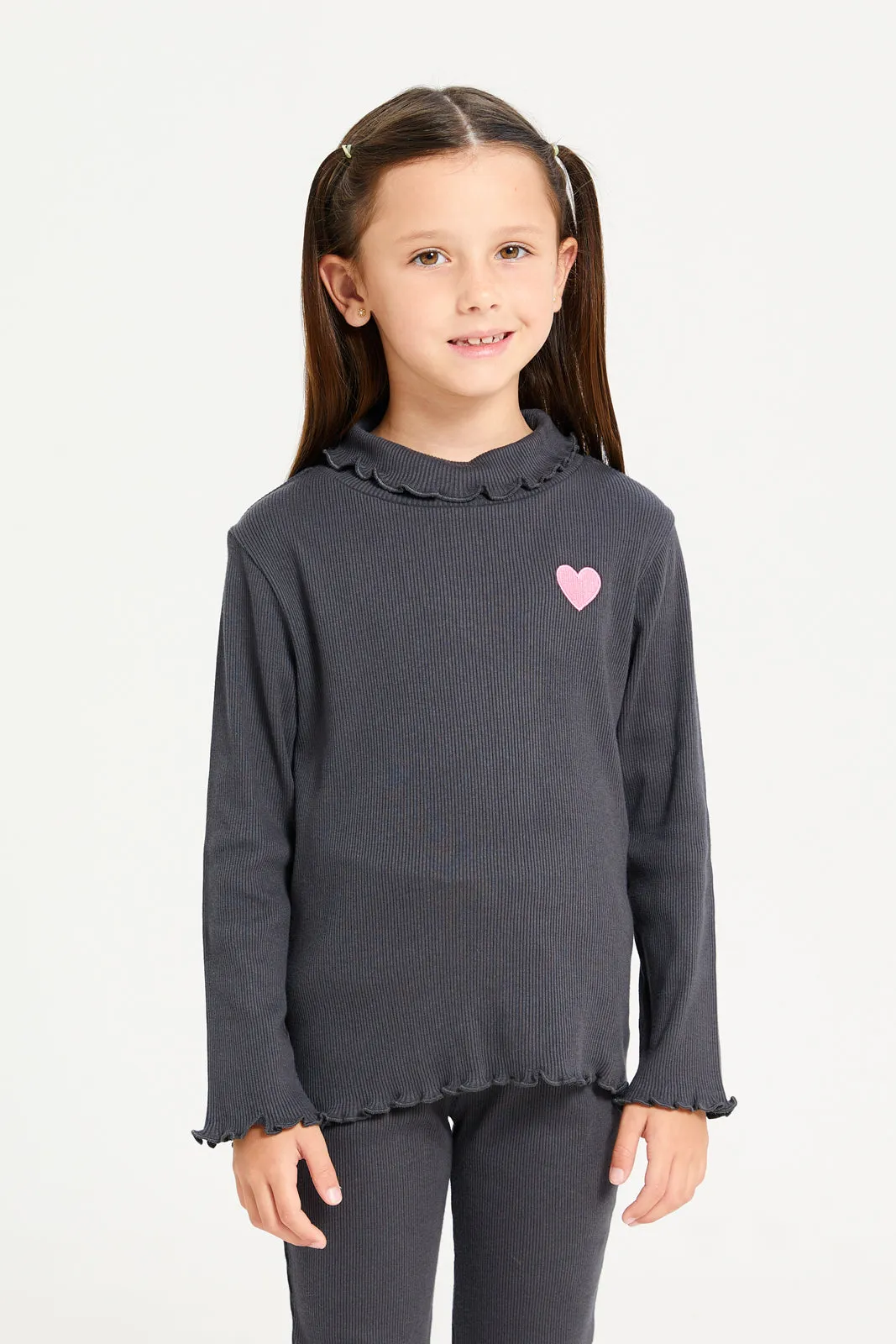 Girls Charcoal Ribbed T-Shirt