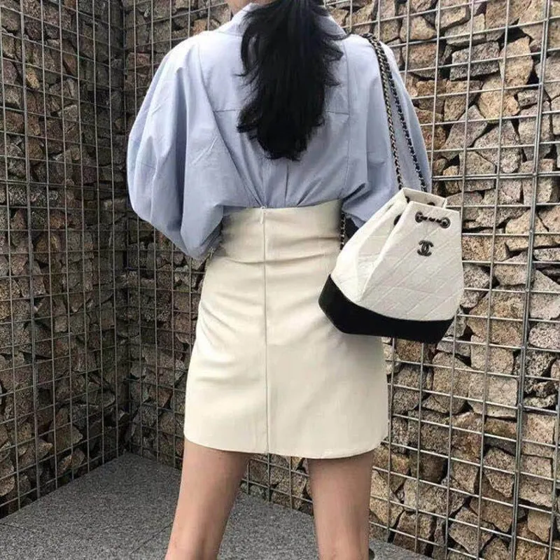 'High Waist Flannel Blouse with Leather Skirt Terno Style'