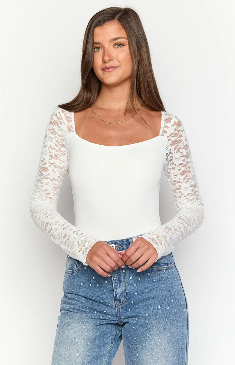 Irene White Lace Long Sleeve Bodysuit