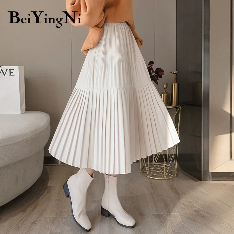 Joskaa Christmas Gift Beiyingni Vintage Pleated Midi Skirt for Woman 2019 Casual Elastic High Waist Solid Skirts Womens Harajuku Office Skirt Ladies