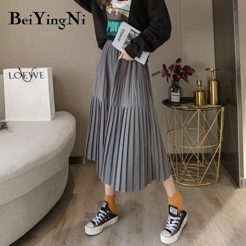 Joskaa Christmas Gift Beiyingni Vintage Pleated Midi Skirt for Woman 2019 Casual Elastic High Waist Solid Skirts Womens Harajuku Office Skirt Ladies