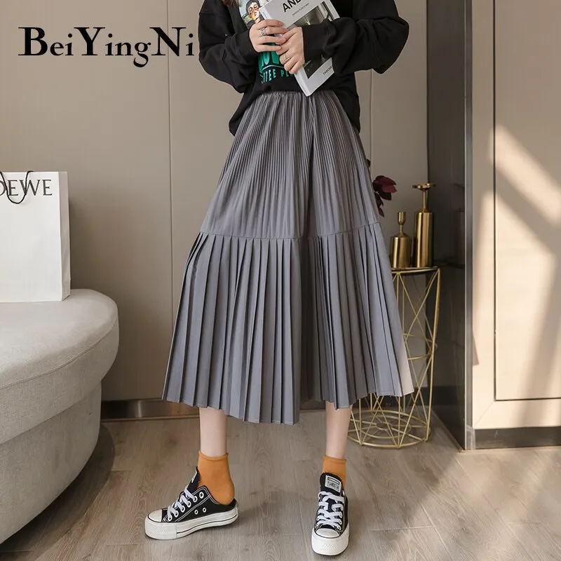 Joskaa Christmas Gift Beiyingni Vintage Pleated Midi Skirt for Woman 2019 Casual Elastic High Waist Solid Skirts Womens Harajuku Office Skirt Ladies