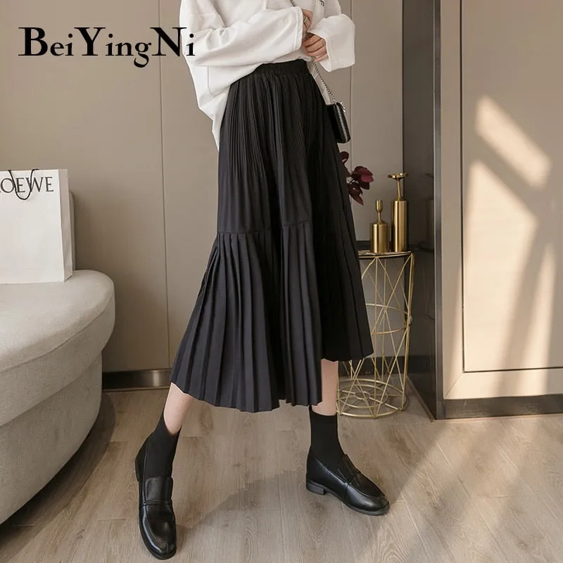 Joskaa Christmas Gift Beiyingni Vintage Pleated Midi Skirt for Woman 2019 Casual Elastic High Waist Solid Skirts Womens Harajuku Office Skirt Ladies