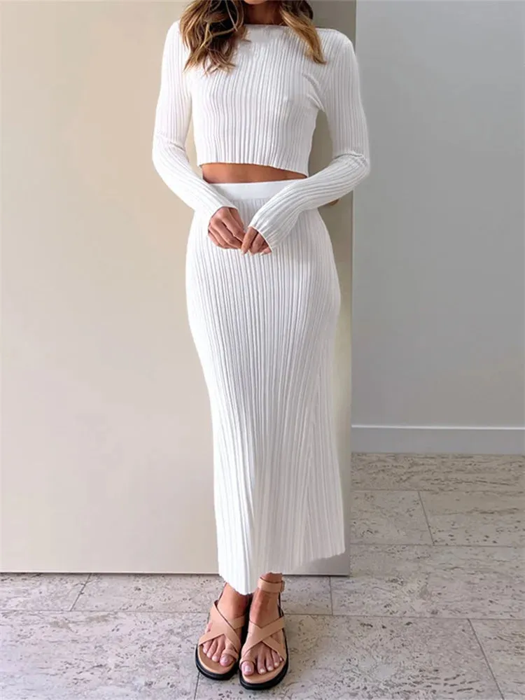 JuliaFashion - Fall Ribbed Skirts  Long Sleeve Knitted T-shirts Long Skirts Suits