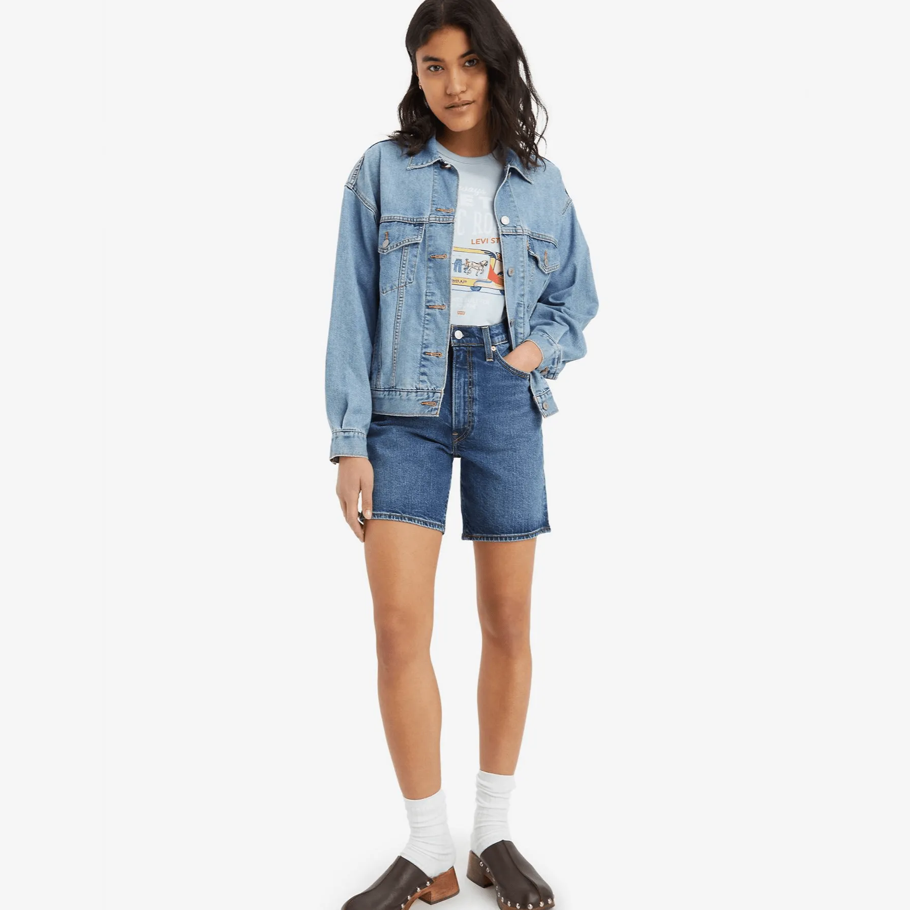 Levi's Ribcage Bermuda Denim Shorts In Basic Blue