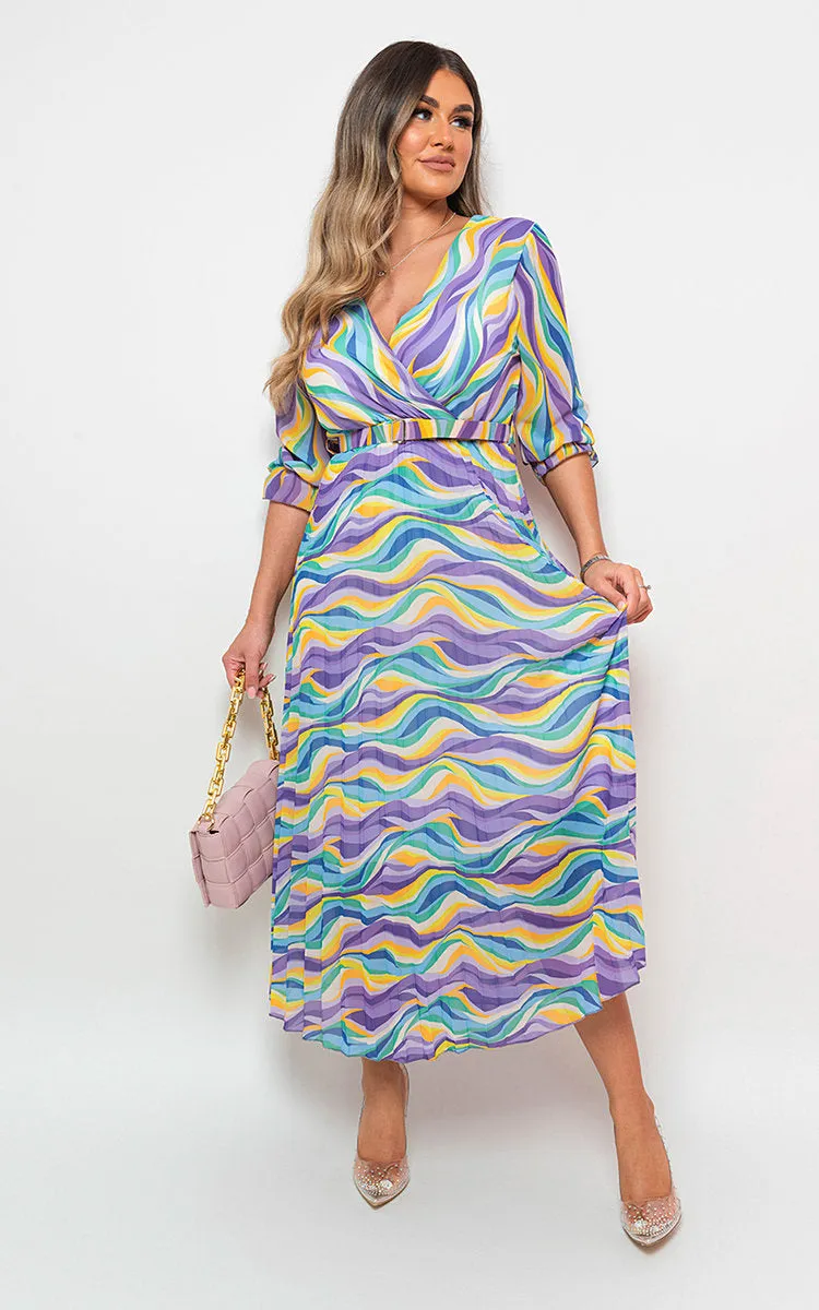 Long Sleeve Printed Maxi Dress with Belt Detail