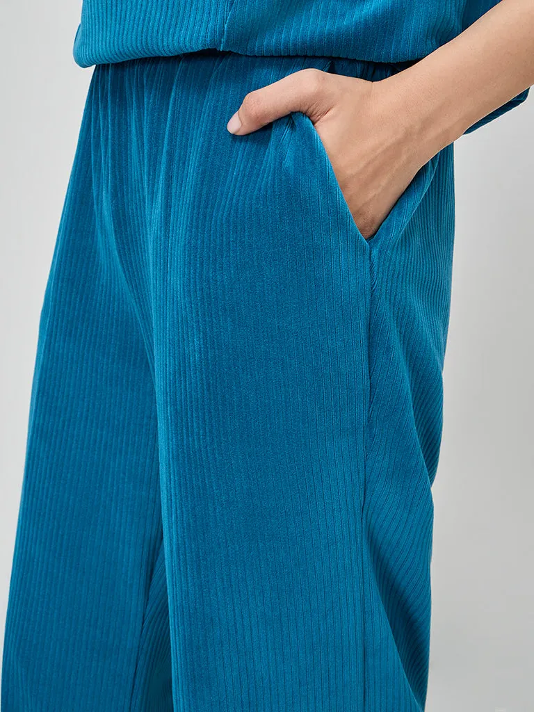 LOV Teal Self-Striped Velveteen High-Rise Trousers