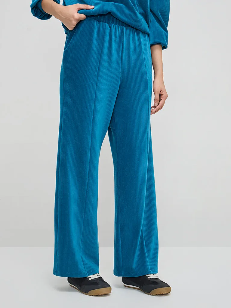 LOV Teal Self-Striped Velveteen High-Rise Trousers