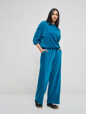 LOV Teal Self-Striped Velveteen High-Rise Trousers