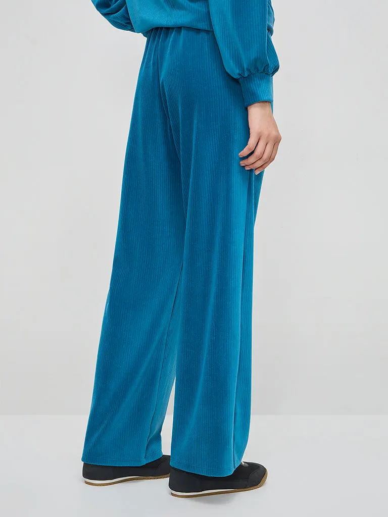 LOV Teal Self-Striped Velveteen High-Rise Trousers