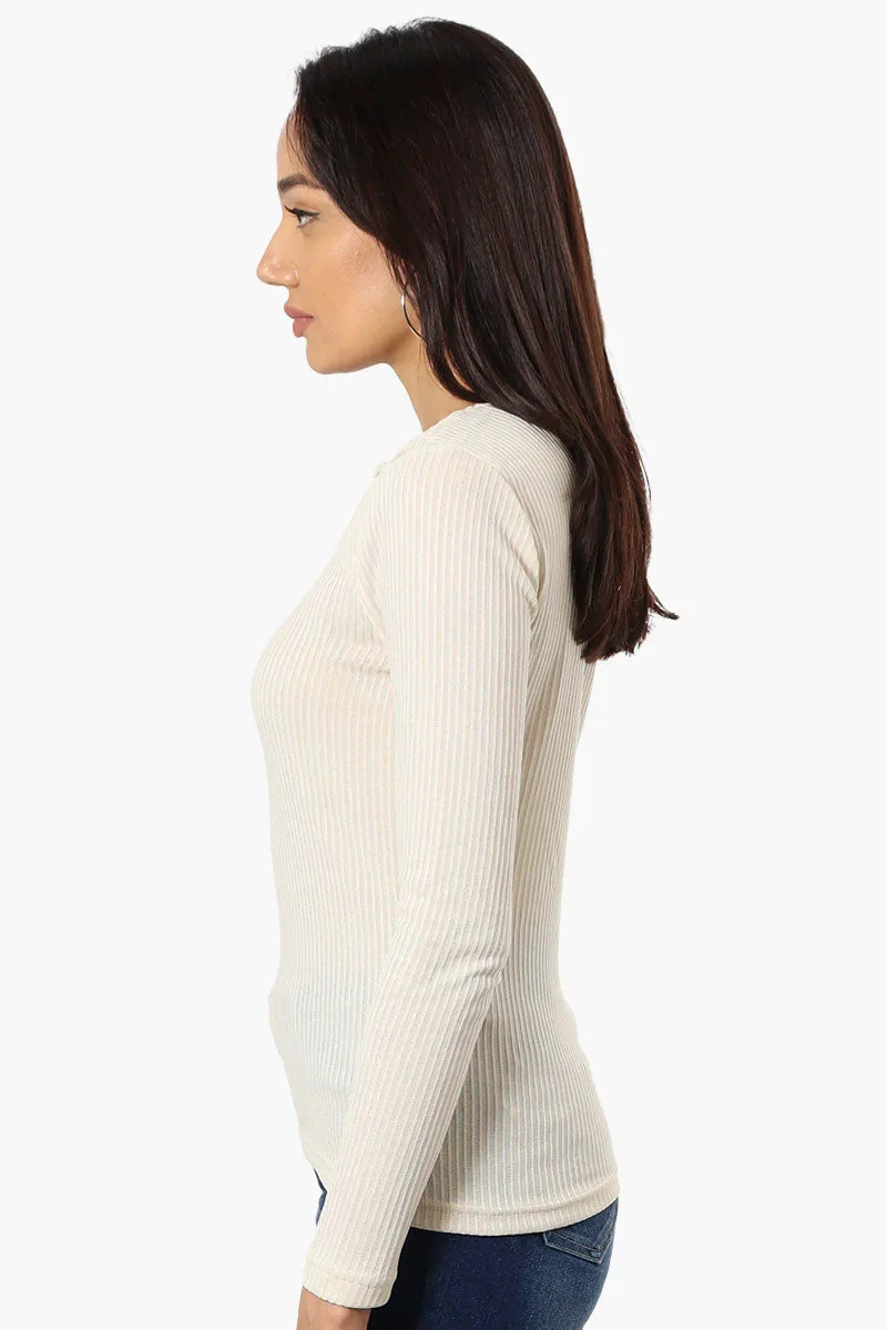 Magazine Ribbed Front Twist Long Sleeve Top - Beige