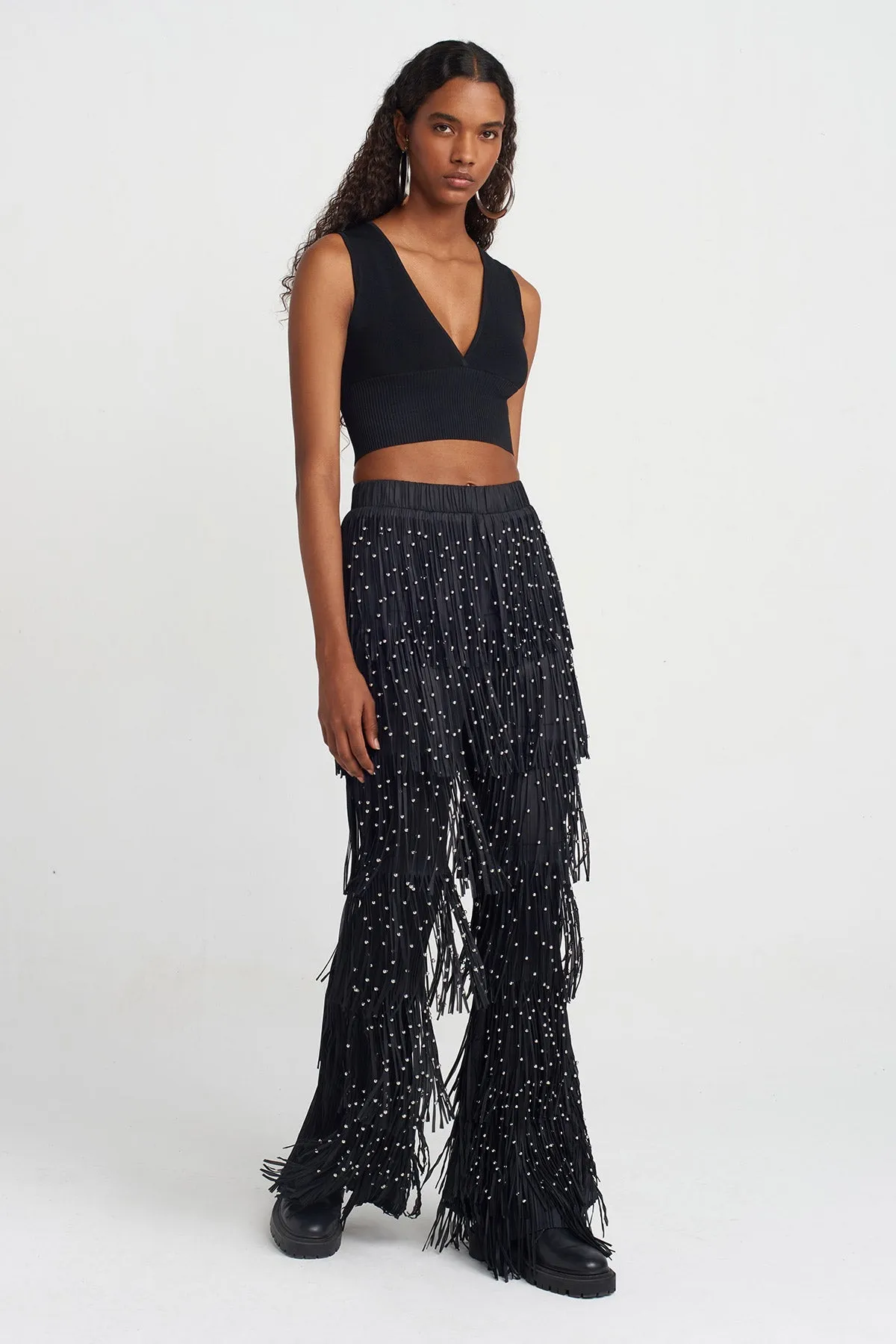 Nu Fringed Pleated Pants Black