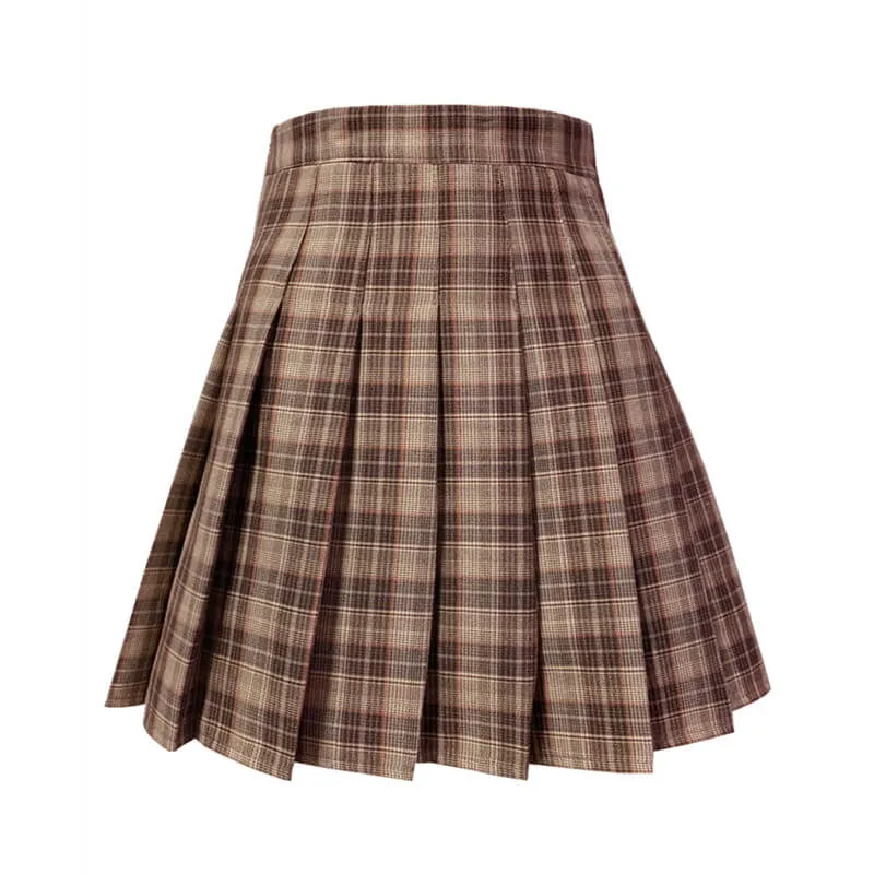 [Plus size] Retro coffee plaid A-line pleated skirt