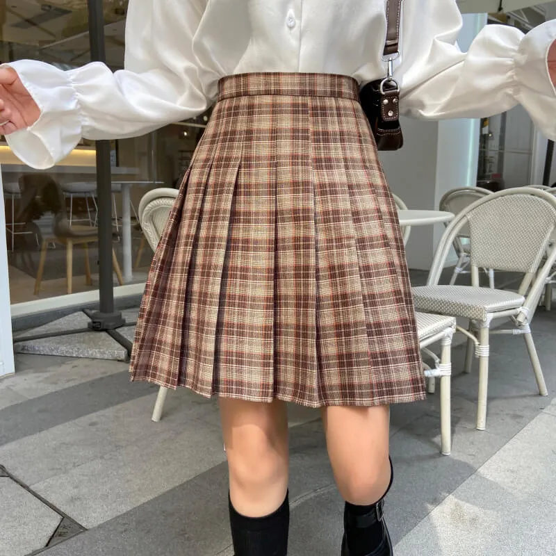 [Plus size] Retro coffee plaid A-line pleated skirt