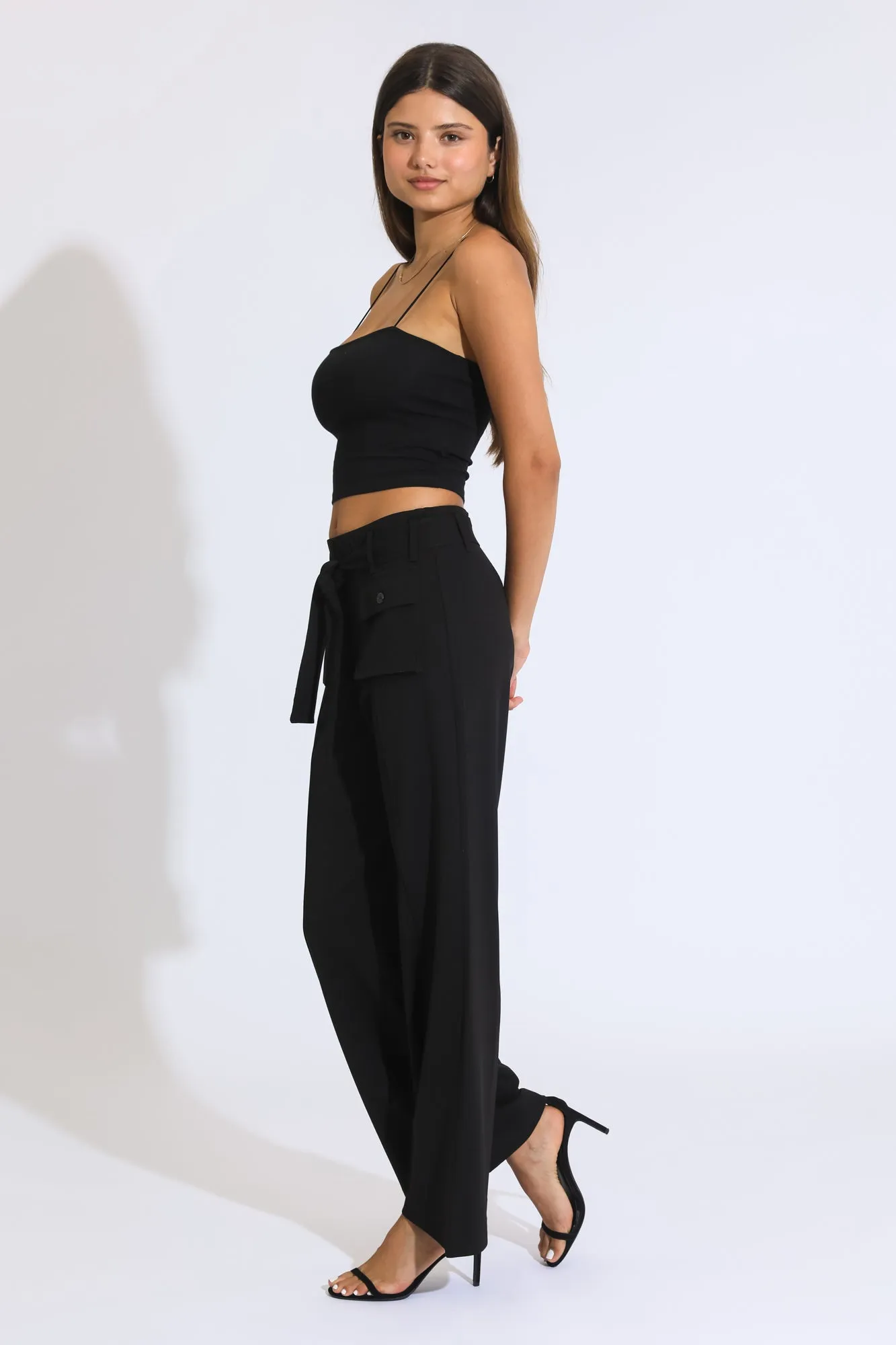 Self Tie High Rise Wide Leg Trousers - BLACK