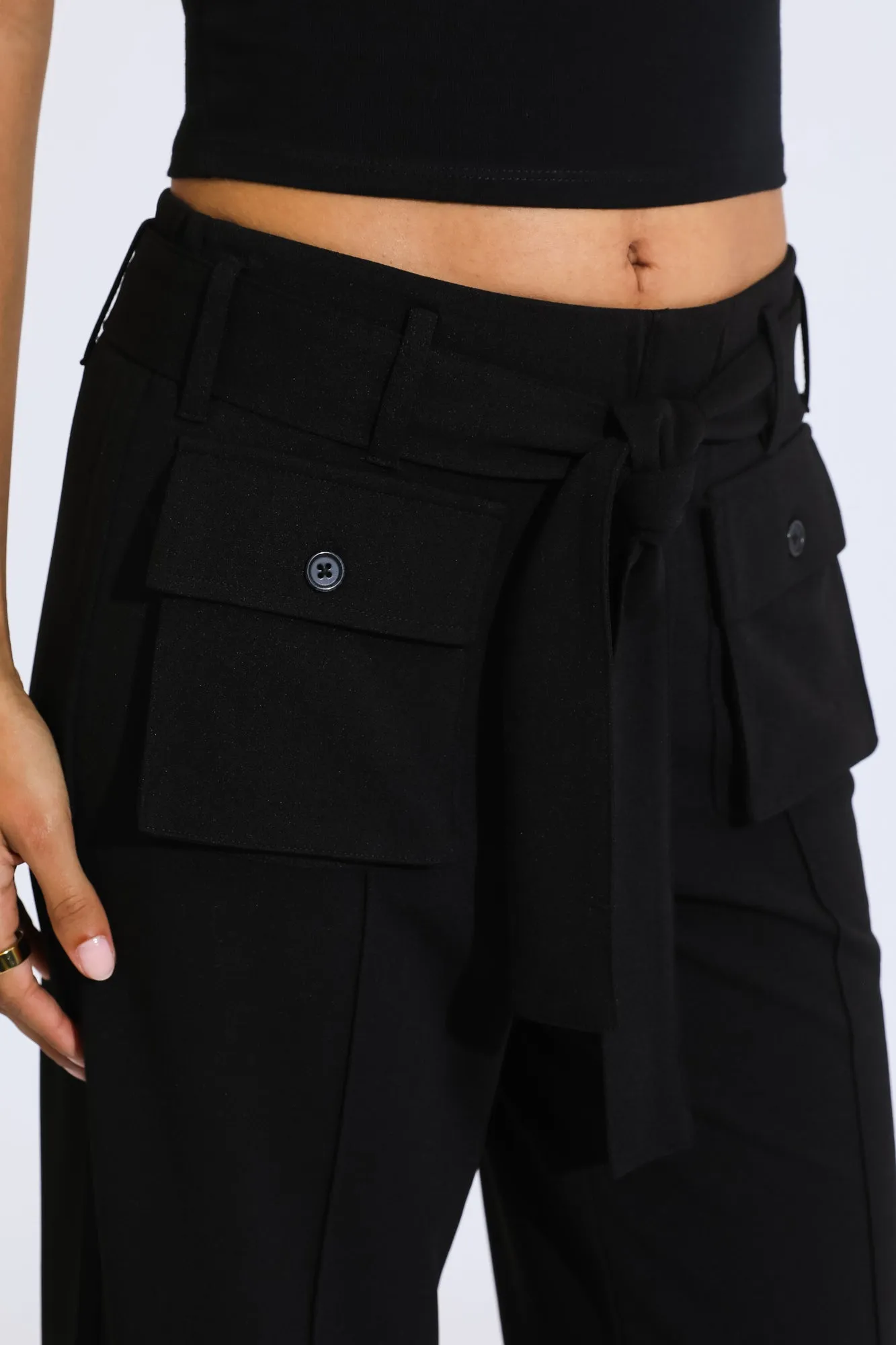 Self Tie High Rise Wide Leg Trousers - BLACK