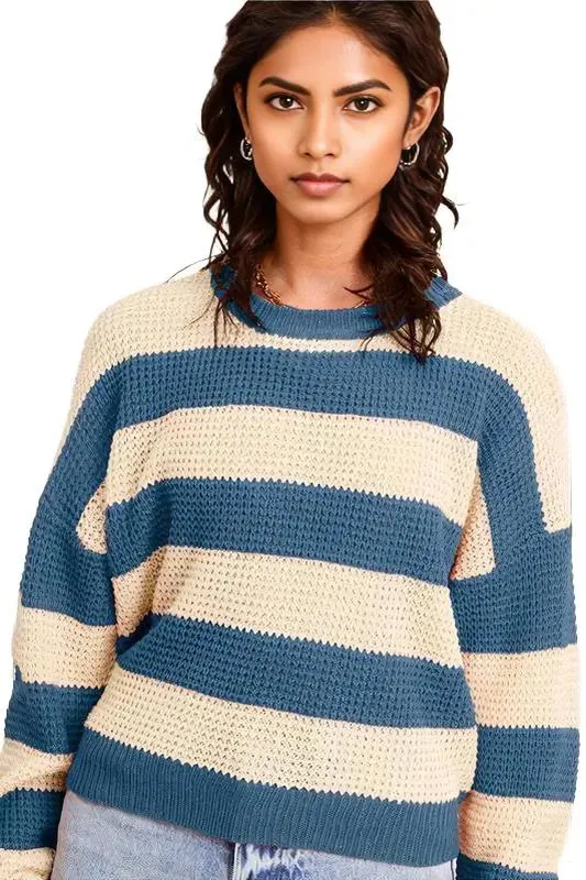 Striped Round Neck Loose Fit Sweater